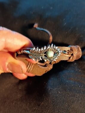 Boho Leather Bracelet with Silver Feather and Turquoise Stone